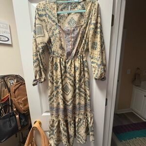 Bohemian Beige and Blue Patterned Dress